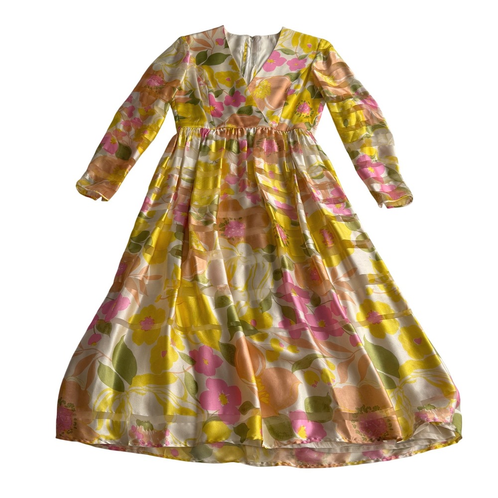Elinor Simmons for Malcolm Starr VTG 60s Floral Silk Garden Party Frock Dress S